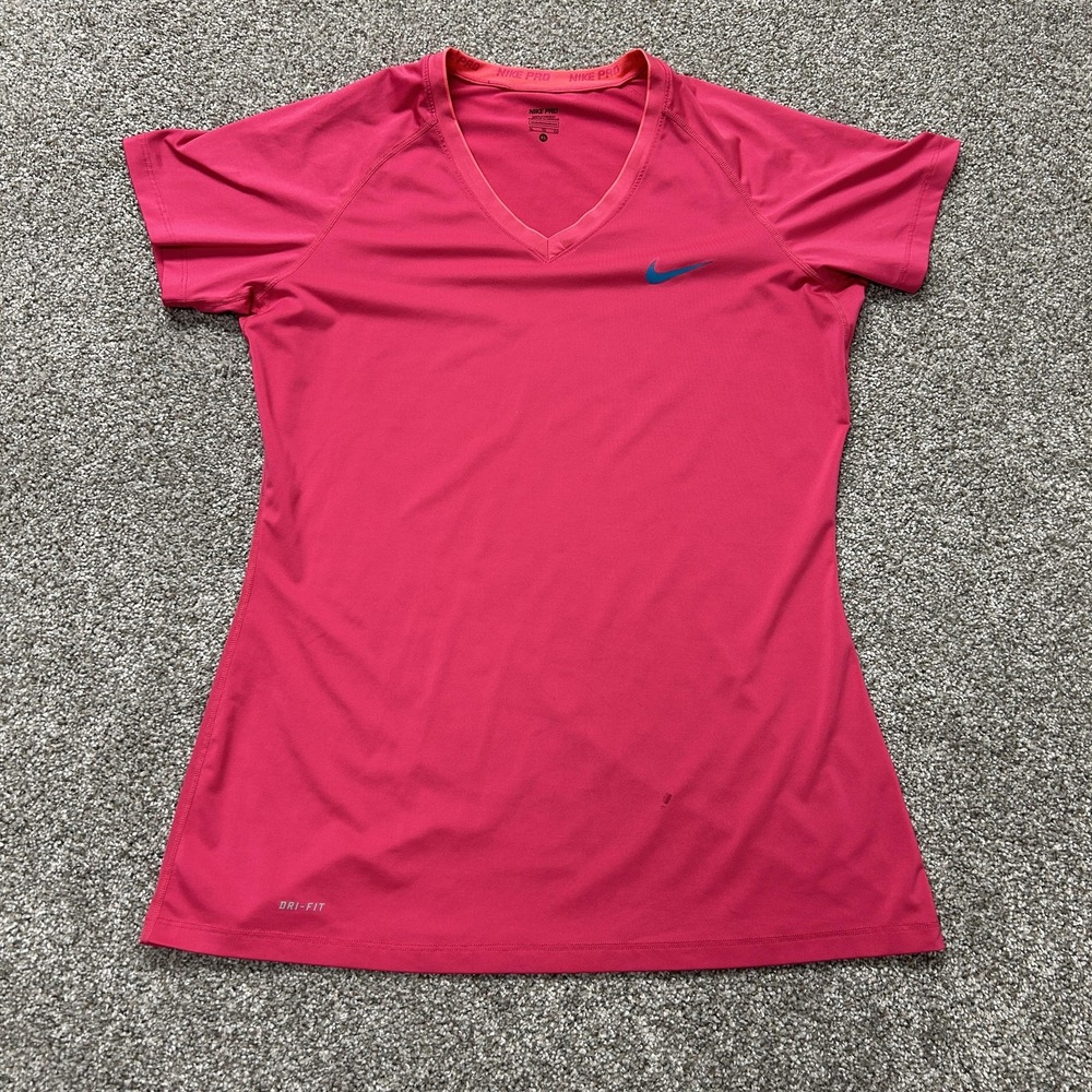 Nike Pro Shirt Womens XL Pink Dri-FIT V-Neck Short Sleeve Workout Gym Top